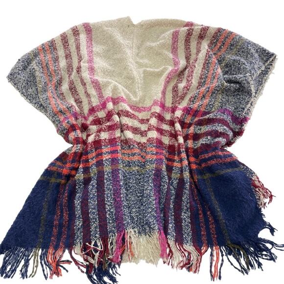 Do Everything In Love Sweater Women One Size Blue Tan Plaid Fringe Anthropologie - Picture 2 of 7
